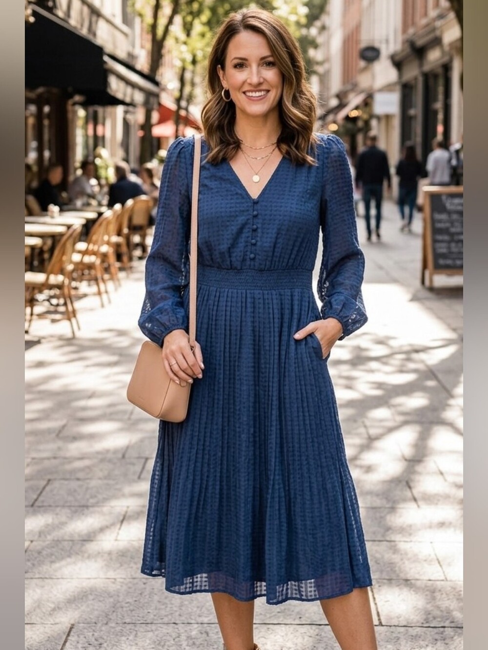 {Ann Taylor} Navy Blue V-Neck Pleated Long-Sleeve Dress - Size 16